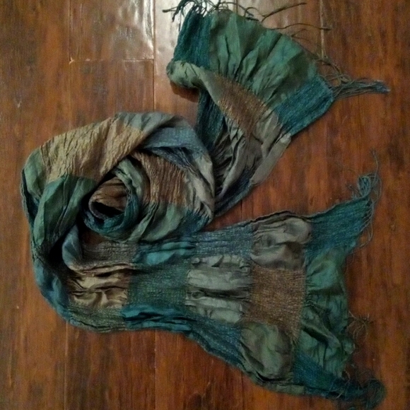 Bohemian Crinkled Turquoise & Taupe Scarf - Picture 1 of 6